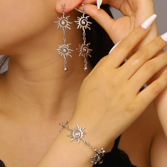 Earrings Bracelet Double Sun Spiral Pendant Retro Ethnic Style Bracelet Micro-Paved Cubic Zirconia Inlaid Sun Shape Drop Earrings Jewelry Gift