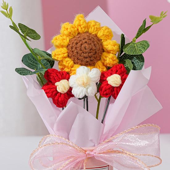 Teachers' Day Crochet Sunflower Bouquet with Eucalyptus Leaf Handmade Knitting Yarn Floral Decoration Home