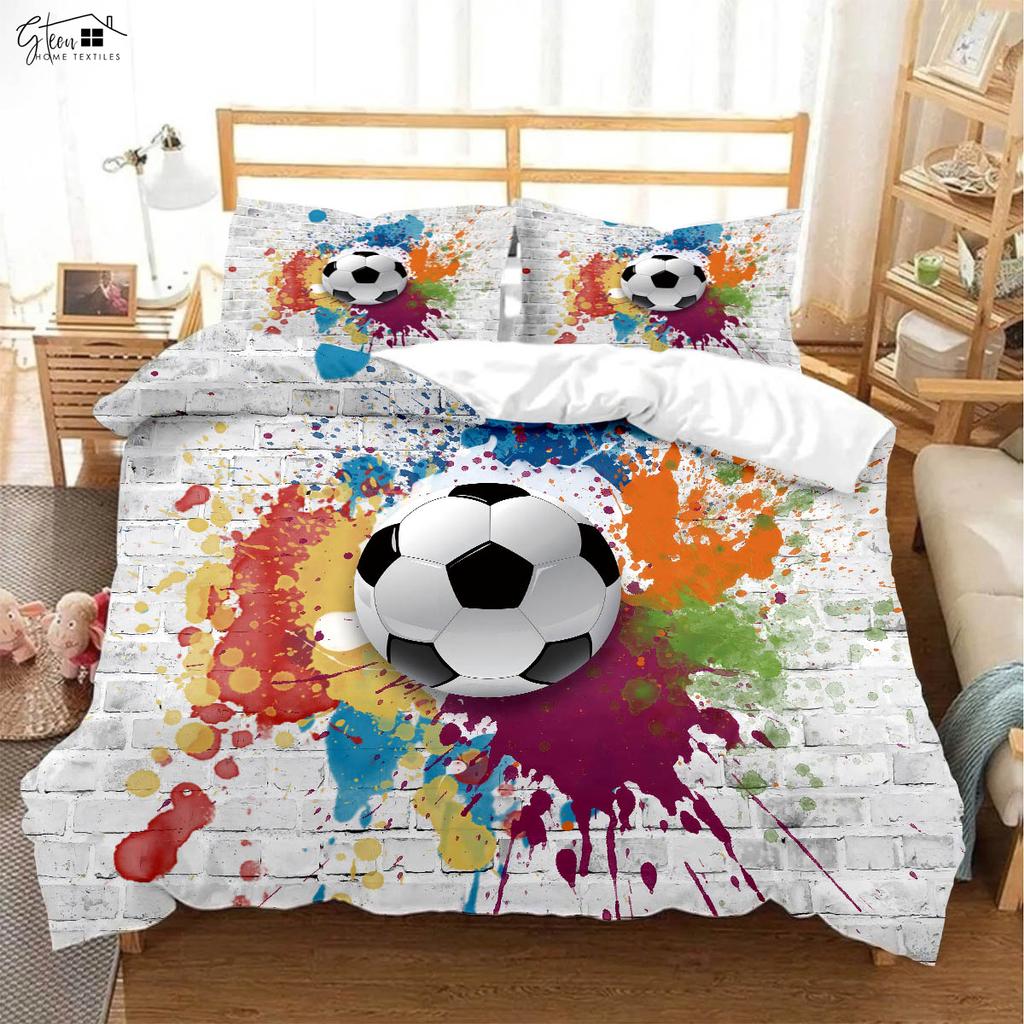 Cool Sports Acuarelă Fotbal Husă de Plapumă Imprimată 3D Set de Lenjerie de Pat pentru Camera Băieților Set din Trei Piese Husă de Plapumă Față de Pernă