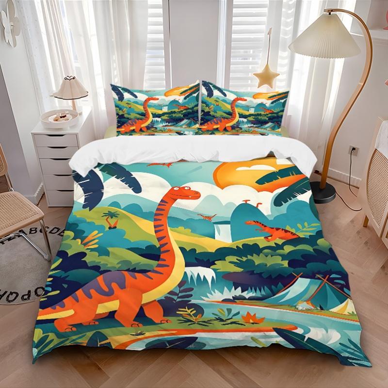 3pcs Dino Adventure Bedding Set, Includes 1 Comforter + 2 Pillowcases, Without Pillow Inserts, Soft Comfortable, Lightweight Breathable, Pri