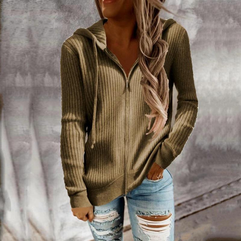 Cardigan à capuche à manches longues pour femme, pull décontracté, couleur unie, ample, tricoté, fermeture éclair, automne et hiver