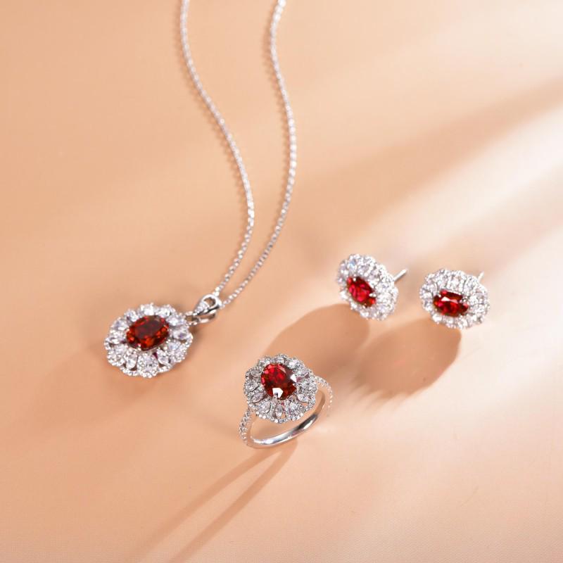 Set de bijuterii retro de curte european și american, în formă de ou, cu rubin cultivat roșu sânge de porumbel de 3 carate în argint S925.