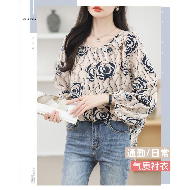 Spring Round Neck Print Floral Loose Blouse Women Elegant Casual Shirts Women Tops Plus Size Long Sleeve Vintage Button Up Office Ladies Shirt 26328