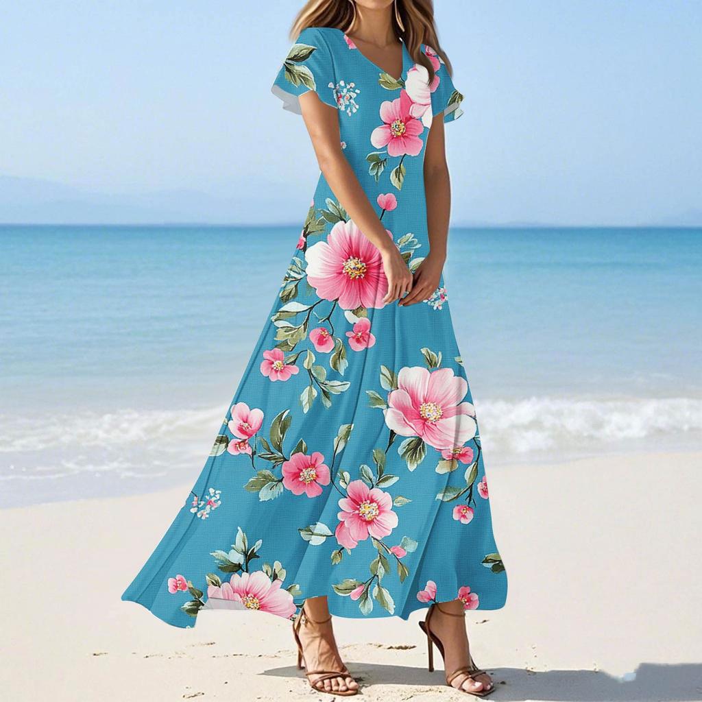 Women's Summer Casual Fashion Floral Print Dress V Neck Short Sleeve Dress