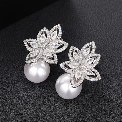 Huitan Gorgeous Drop Earrings with Imitation Pearl Noble Flower Cubic Zirconia Shiny Accessories Charms Elegant Wedding Jewelry