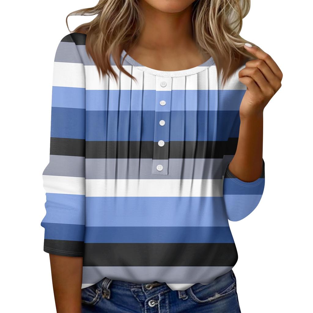 Women's Round Neck Pull Stripe Decorative Button Top Casual Solid Color 3/4 Sleeve T Shirt