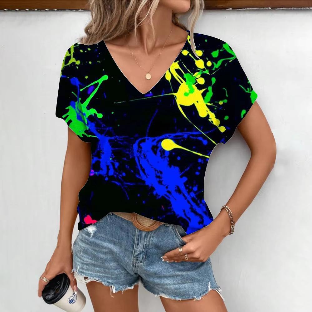 Summer V-neck 3D Color Splashed Ink Printed Top Fashionable Casual Short Sleeved Women's T-shirts