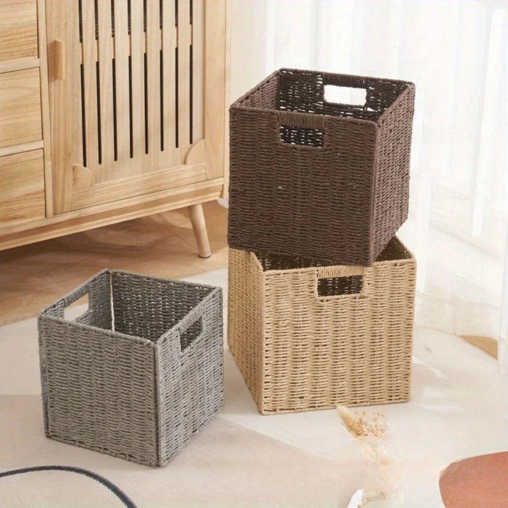 Hand Woven Foldable Storage Box Square Sundries Organizer Imitation Rattan Basket  Picnic