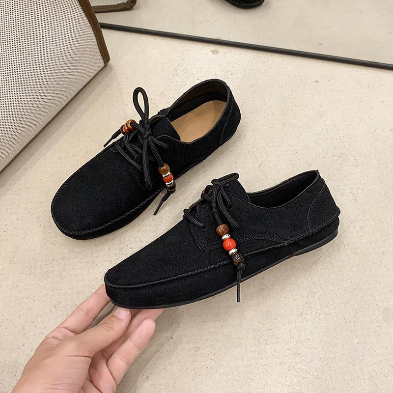 Fashion Plus Size Flats Fall New Round Toe Pile Beaded Front Lace-Up Soft Sole Non-Slip Wear-Resistant Single Shoes