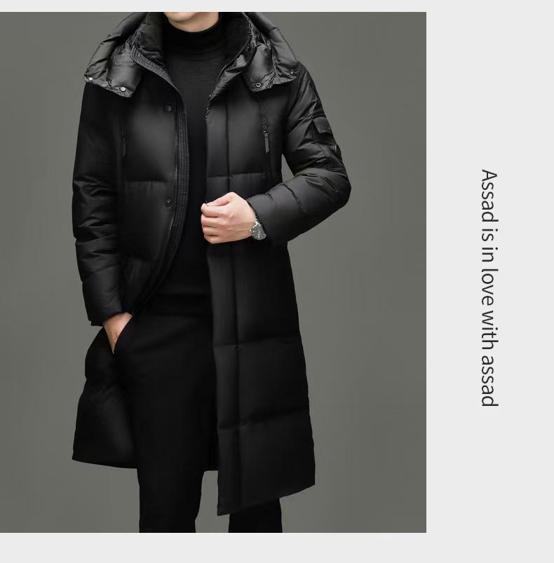 Brand 2025 Men's Winter Hooded Over-the-Knee Long Down Jacket with Fleece Lining