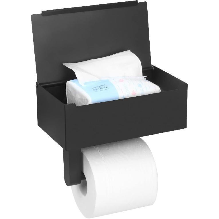 Toilet Paper Holder with Shelf,Wall Mount Wipes Dispenser & Storage for Bathroom,Keep Wet Wipes Hidden,Stainless Steel Bathroom Organizer Black