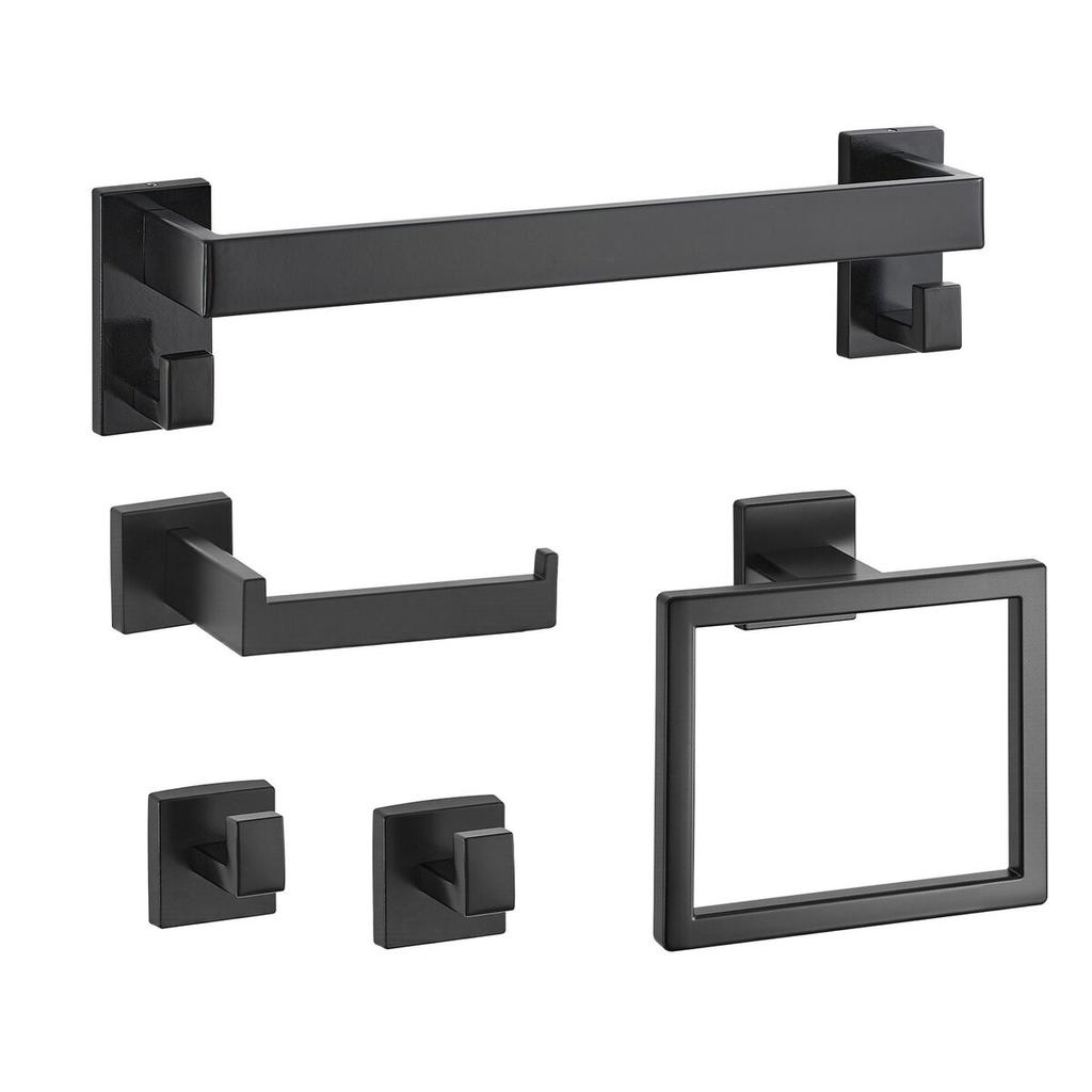 Matte Black Bathroom Hardware Set, 5 Pieces Bathroom Accessories Set, Stainless Steel 16 Inch Towel Bar, Towel Rack, 2 Robe Towel Hooks, Toilet Paper