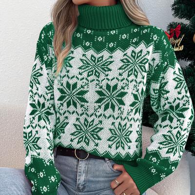 Winter and Autumn Snowflake Pattern Lantern Long-sleeved High-neck Pullover Sweater for Women, Christmas-themed