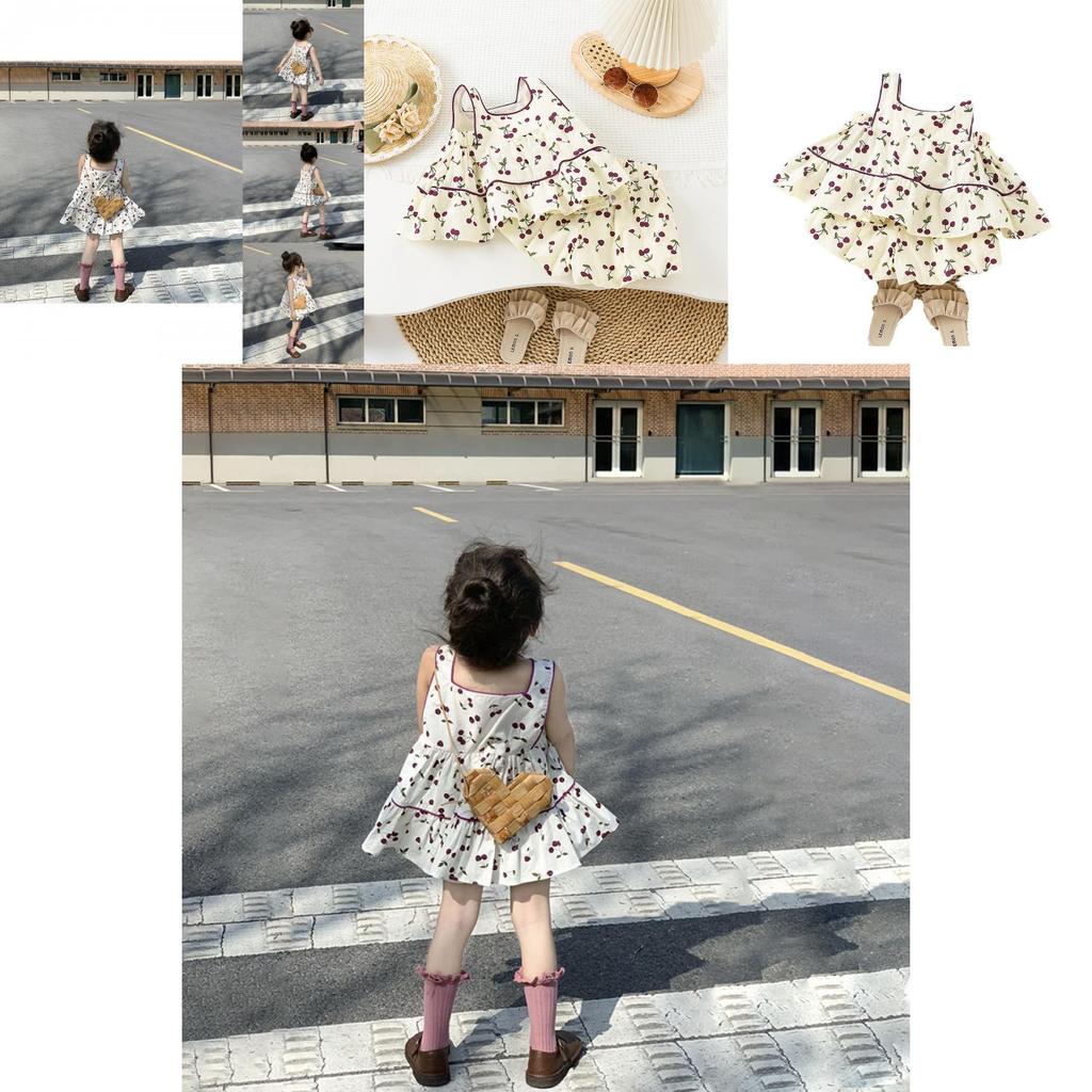 Charming Two Piece Summer Set For Little Girls Featuring Cherry Blossom Print Design