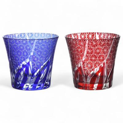 Mizukage Kiriko Pair Glass Cups 240cc Ranbori Komon Blue Red Bishou Current Model J-kitchens 94xH85mm &