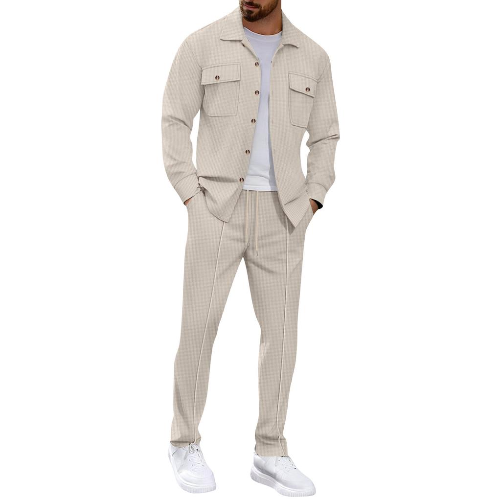 Completo casual da uomo a maniche lunghe con pantaloni, doppie tasche sul petto, bottoni, stile workwear, completo due pezzi