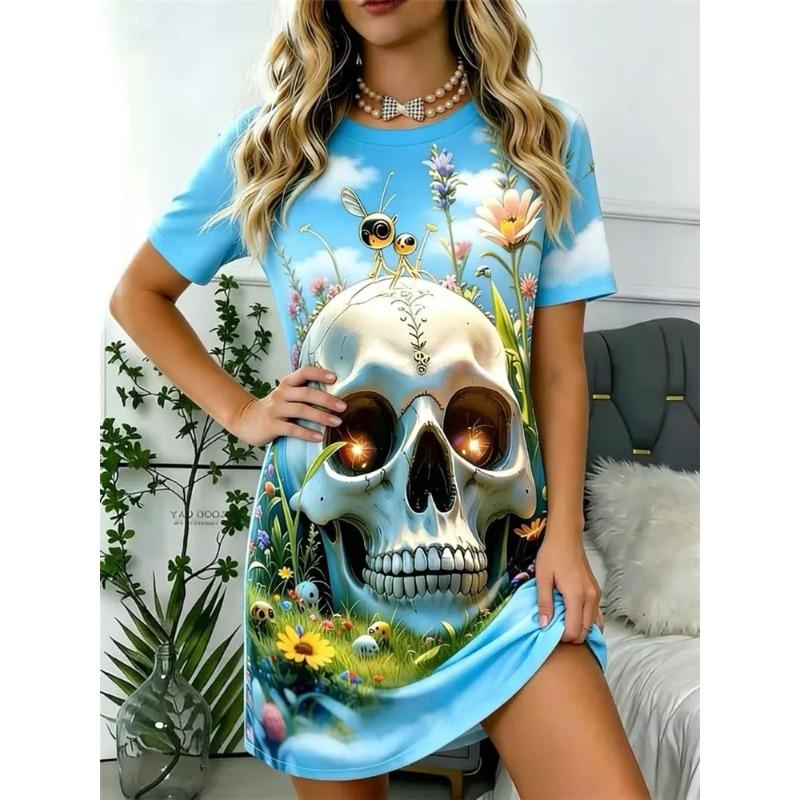Women Abstract Geometric 3D Cartoon Print Dress O Neck Short Sleeve Loose Casual Mini Dress Summer Daily Outfit Dresses