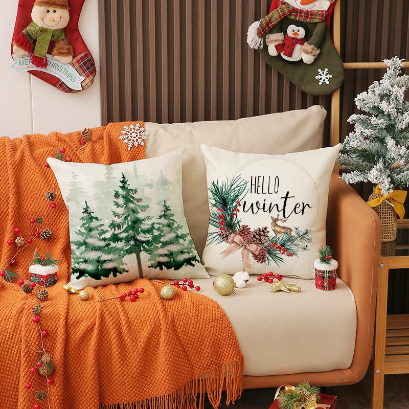 New Christmas Throw Pillow Case Linen Print Christmas Tree Decoration Cushion Living Room Versatile Sofa Cushion