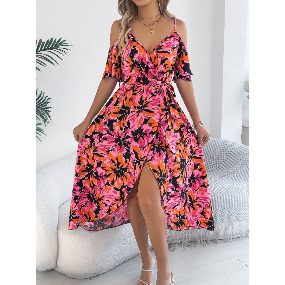 Spring Summer Strapless Cross V Neck Floral Halter Long Holiday Dresses Women