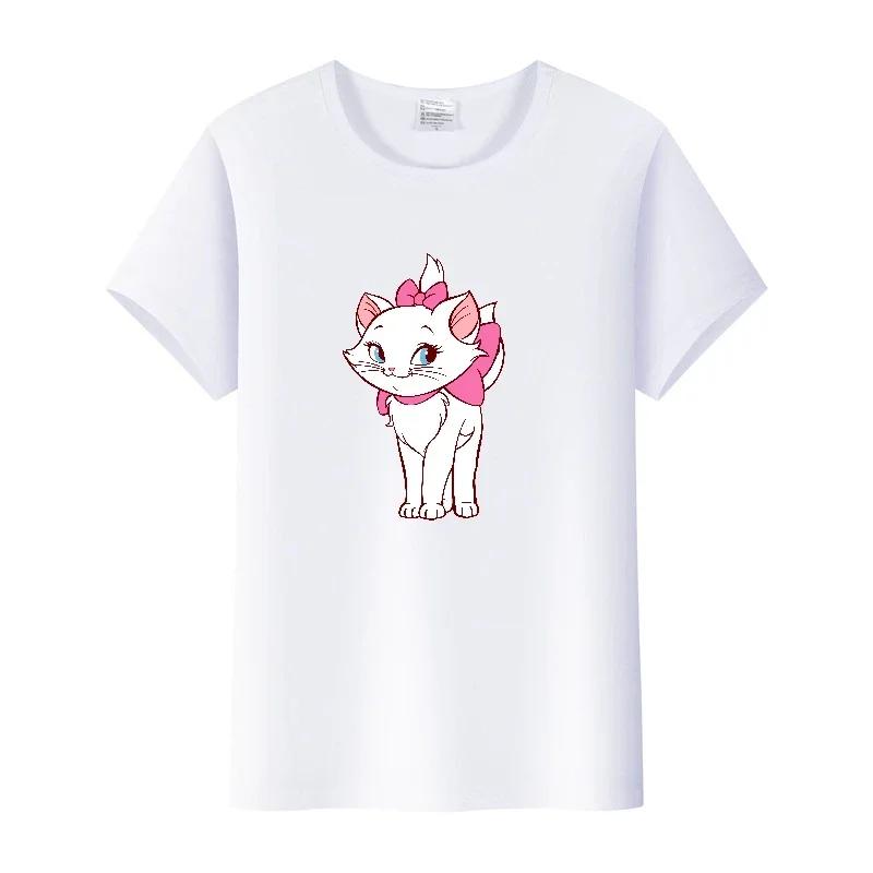 Cute Disney Marie Cat Cartoon Women Tees Summer Tops Aesthetic White Short Sleeve Girl T-Shirts Plus Size Clothing Mens Blouses