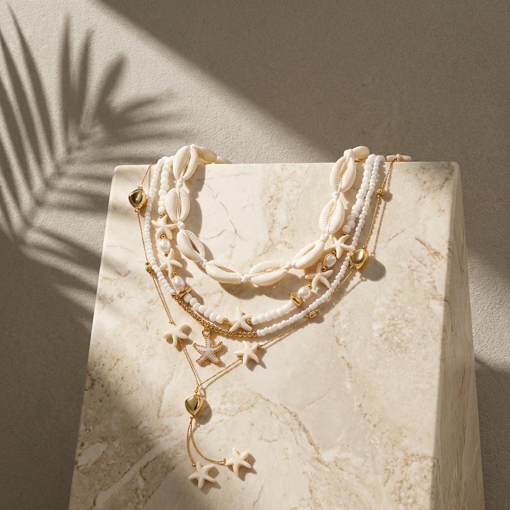 Shell Starfish Seed Bead Long Necklace 4-Piece Set Beach Vacation Style Stacking Designer Imitation Pearl Collarbone Chain