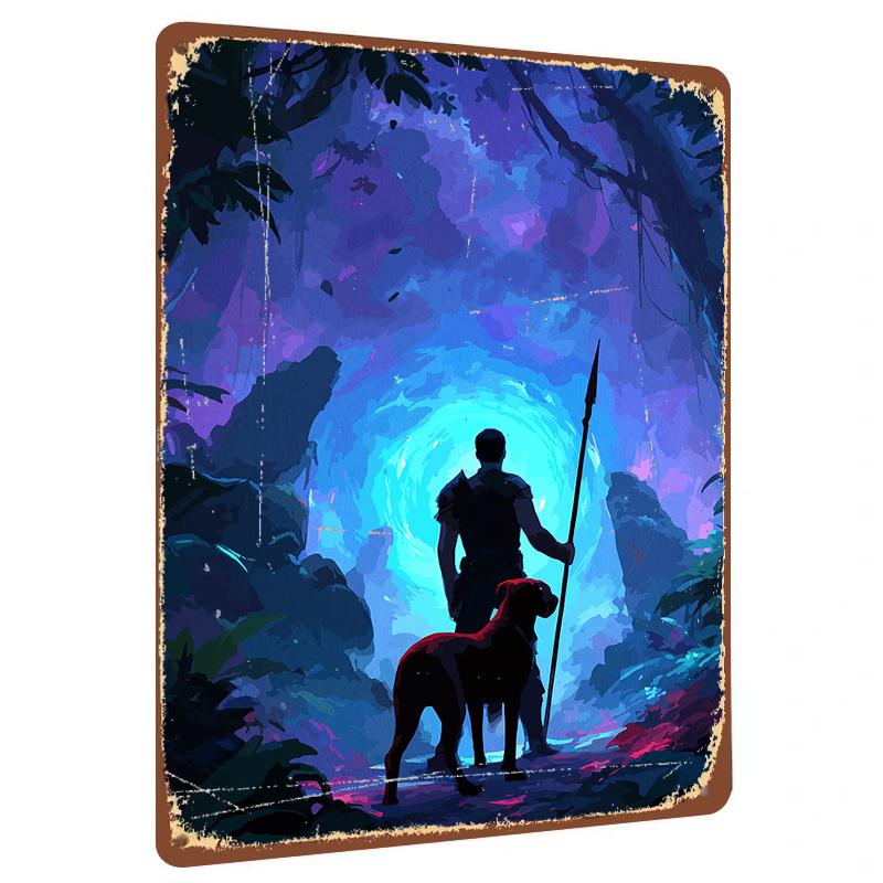 

Adventurer and Dog Magical Forest Glowing Vortex Scenery Metal Tin Sign Home Decor Wall Art 20x30cm（7.8x11.8inch）