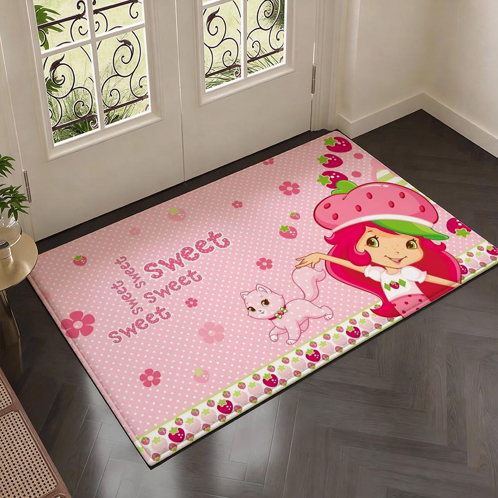 Classic Cartoon S-Strawberry Shortcakes Floor Mat Soft Thickened Flannel Door Mat Non-Slip Living Room Rug Home Decor