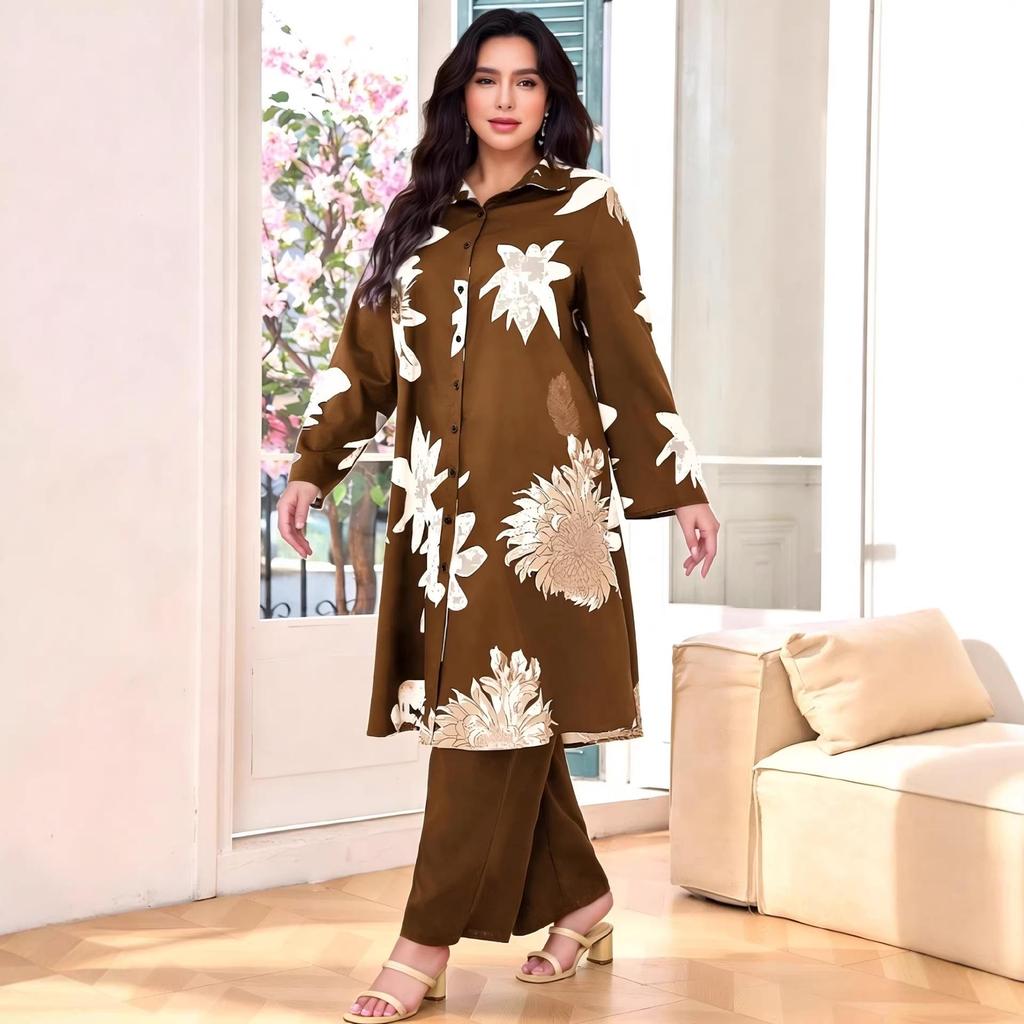 Dubai Plus Size Floral Long Sleeve & Pants with Long Skirt - Elegant Two-Piece Set