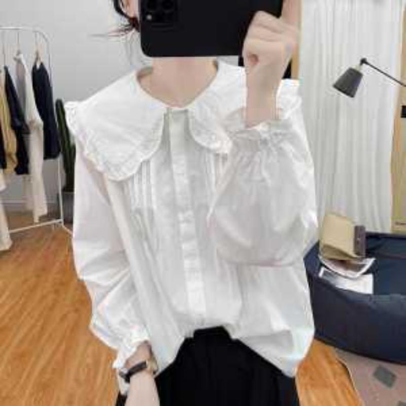 Autumn Lotus Leaf Sleeve Pure Cotton Doll Collar Long-sleeved Shirt Women's Top Retro Top Base
