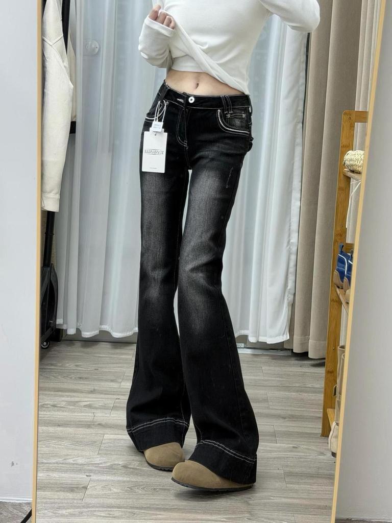 Trendiga 2026 Dam Svarta Lågmidjade Smala Micro-Flare Petite Jeans