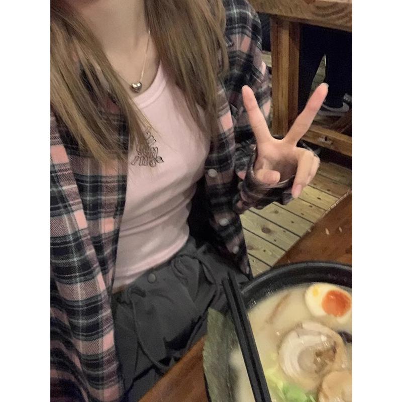 2024 Black & Pink Plaid Women's Shirt - Spring/Autumn Sunscreen Jacket, Korean-Style Niche Design