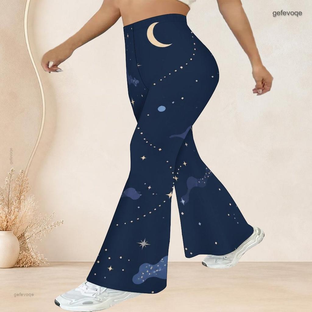 Women Plus Size High Waist Retro Motorcycle Scenery Print Flare Pants For Edgy Street Casual Look