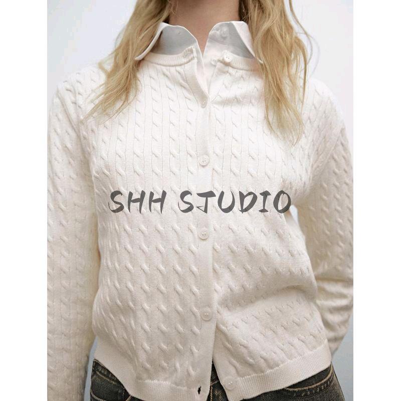 MD Spring New Women's Clothing Casual French Lady Style Cotton Twisted round Neck Knitting Cardigan 5745641