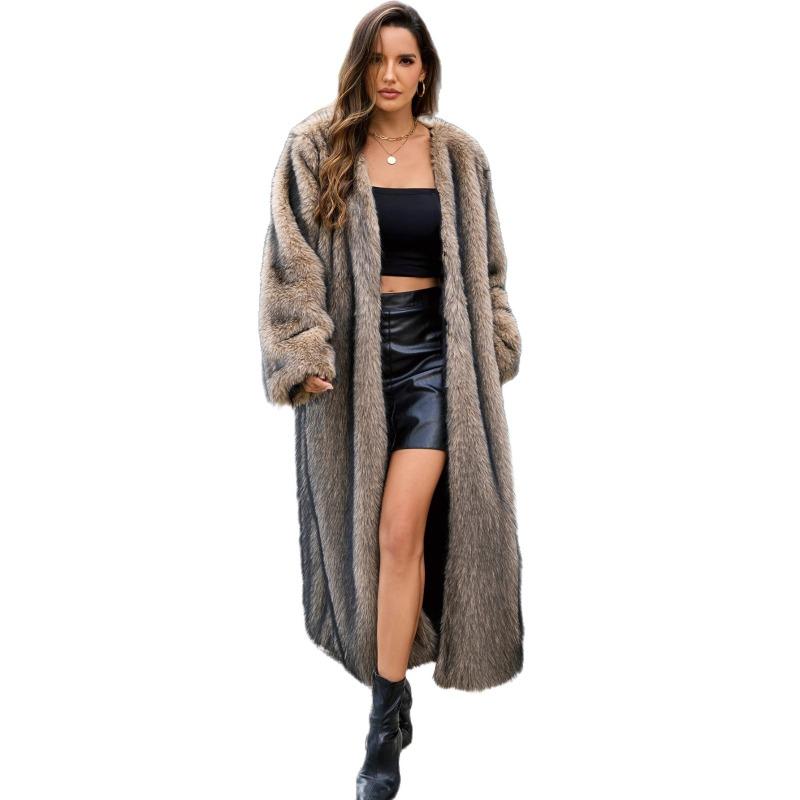 Women's Full-Length Faux Raccoon Fur Coat Open Front Warm Winter Maxi Outerwear
