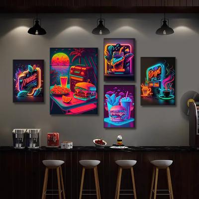 Neon Art Pizza Hamburger Malba Tisk Abstraktní Plakát Plakát Barevné Obrázky Rychlé občerstvení Restaurace Klub Bar Místnost Domov Nástěnná výzdoba