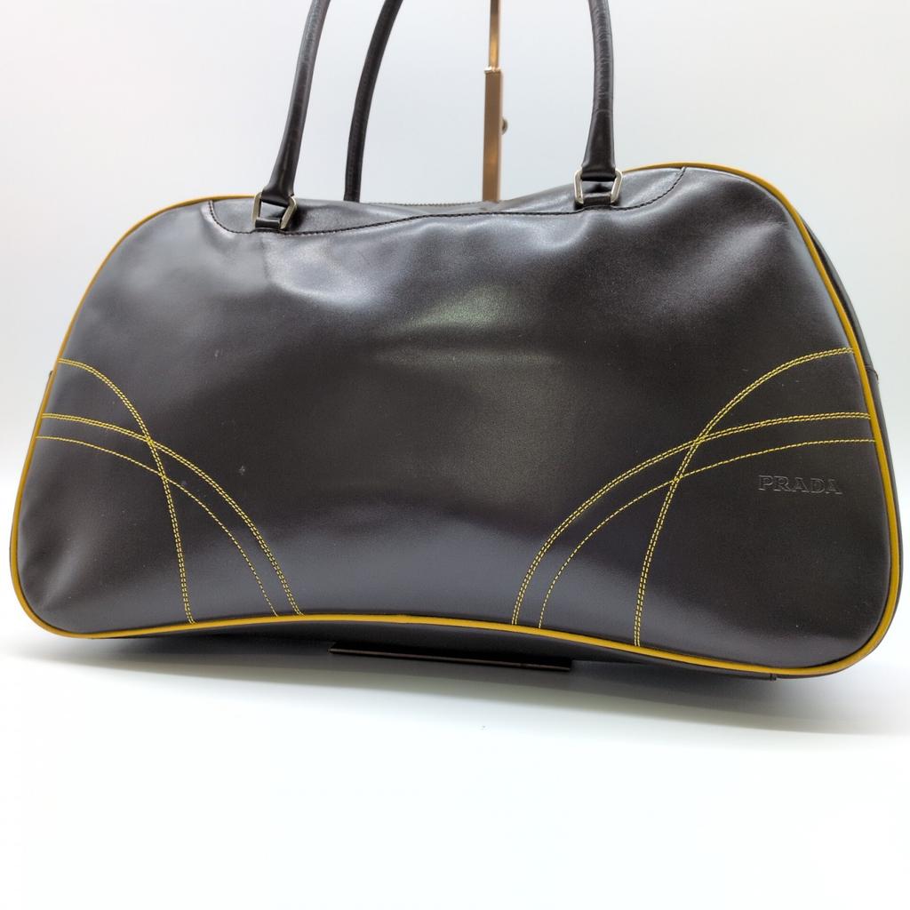 Prada 2000 FW Archive Y2K 2000 1990s 00s Bowling Bag Mini Boston Handbag Chocolate Brown Mustard Yellow Stitching Genuine Leather