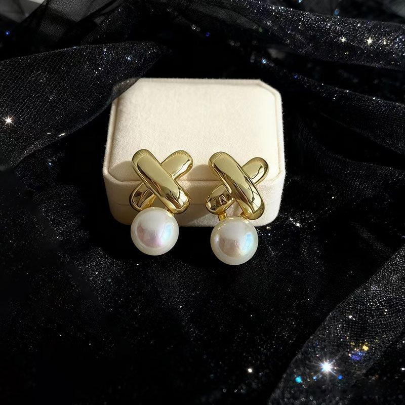 Hong Kong Style Retro Cross Pearl Earrings Women S Elegance Versatile Simple Temperament Earrings Light Luxury Fashion High Sense Earrings