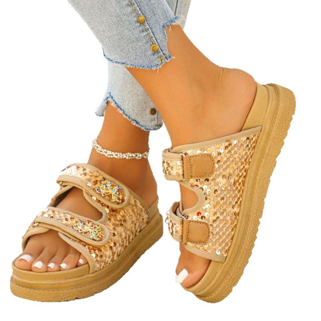 2025 thick bottom one-word with Velcro sequins solid color slippers large Europe and America fashion slippers spot foreign trade