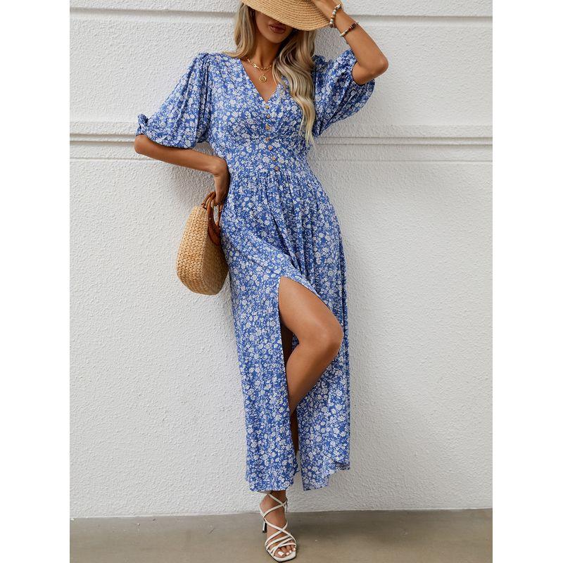 

V-neck Floral Pleated Waist Split Dressv Collar Floral Tight Waist Split Dress Royal Blue XL