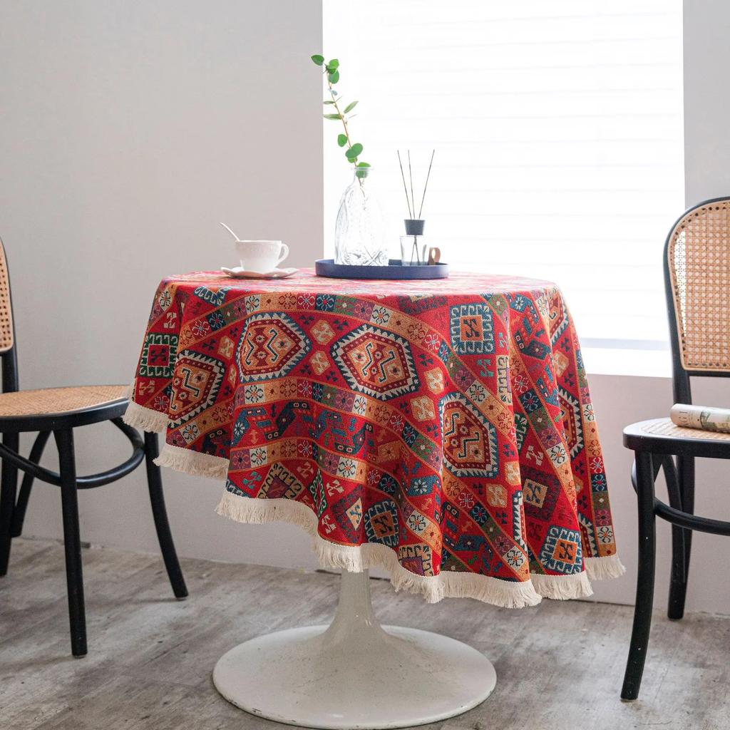 Circular Tablecloth Jacquard Red Christmas Table Cloth Round Thick Dining Table Cover Mexico Bohemian Style Home Kitchen Decor