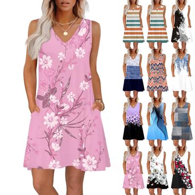 Women's Summer Dresses Loose Fit Printed V Neck Sleeveless Sundresses Beach Hawaiian Dress With Pockets
