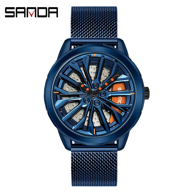 Sanda Men's Creative Rotating Quartz Wristwatch with Mesh Strap