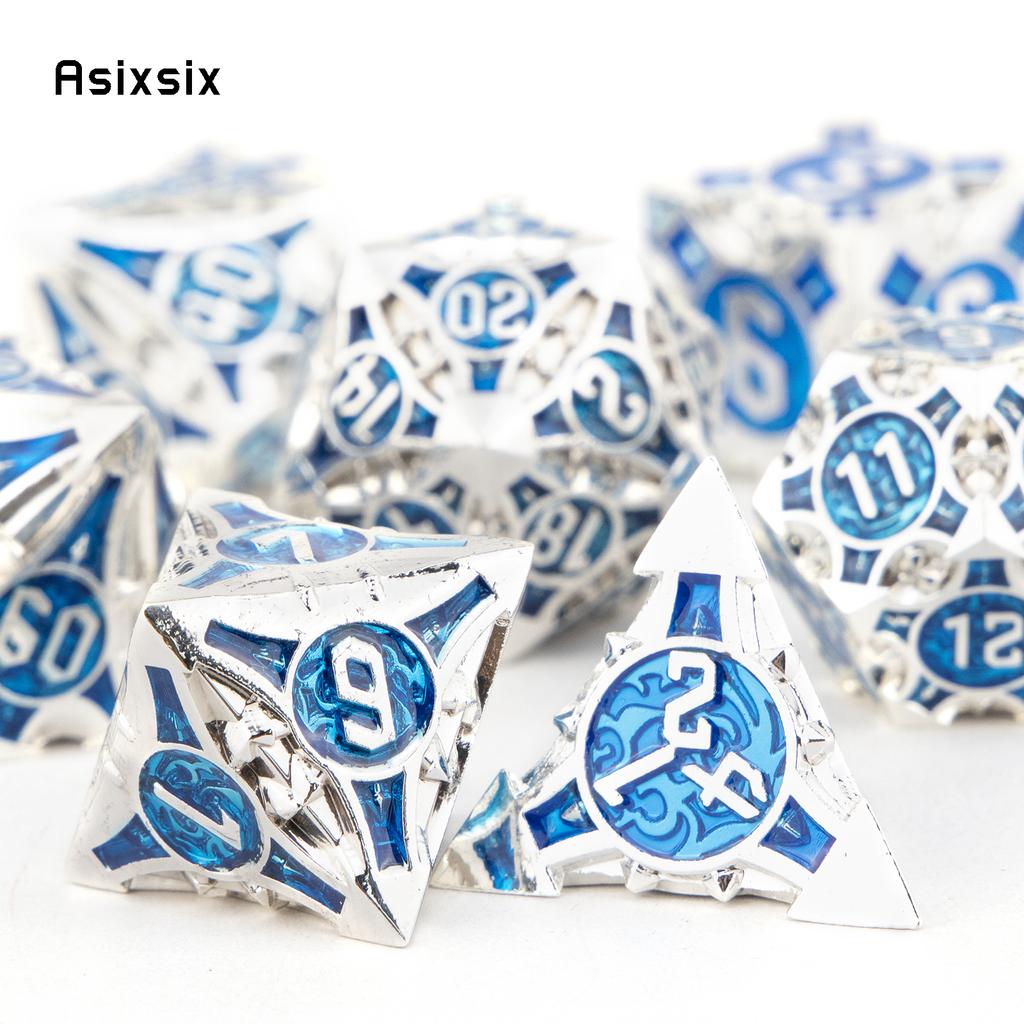 7 Pcs Blue White Metal Dice Solid Metal Polyhedral Dice Set Suitable For Role-Playing Dice PropBoard Game Gift