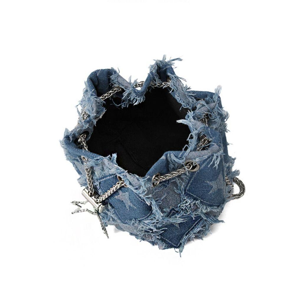 Drawstring Star Denim Bucket Bag Tassel Cloth Shoulder Bag Casual Metal Chain Crossbody Bag  Party