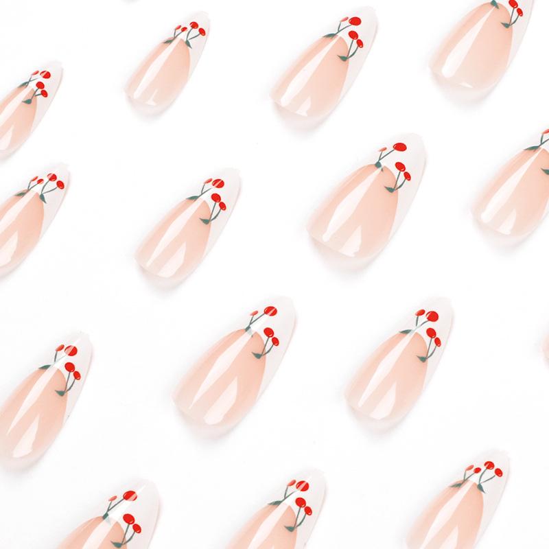 24 Pieces Wearing Nail Art, French White Edge Nail Art Wearing Finished Nail Art, Small Cherry, Removable Nail Art Nail Film