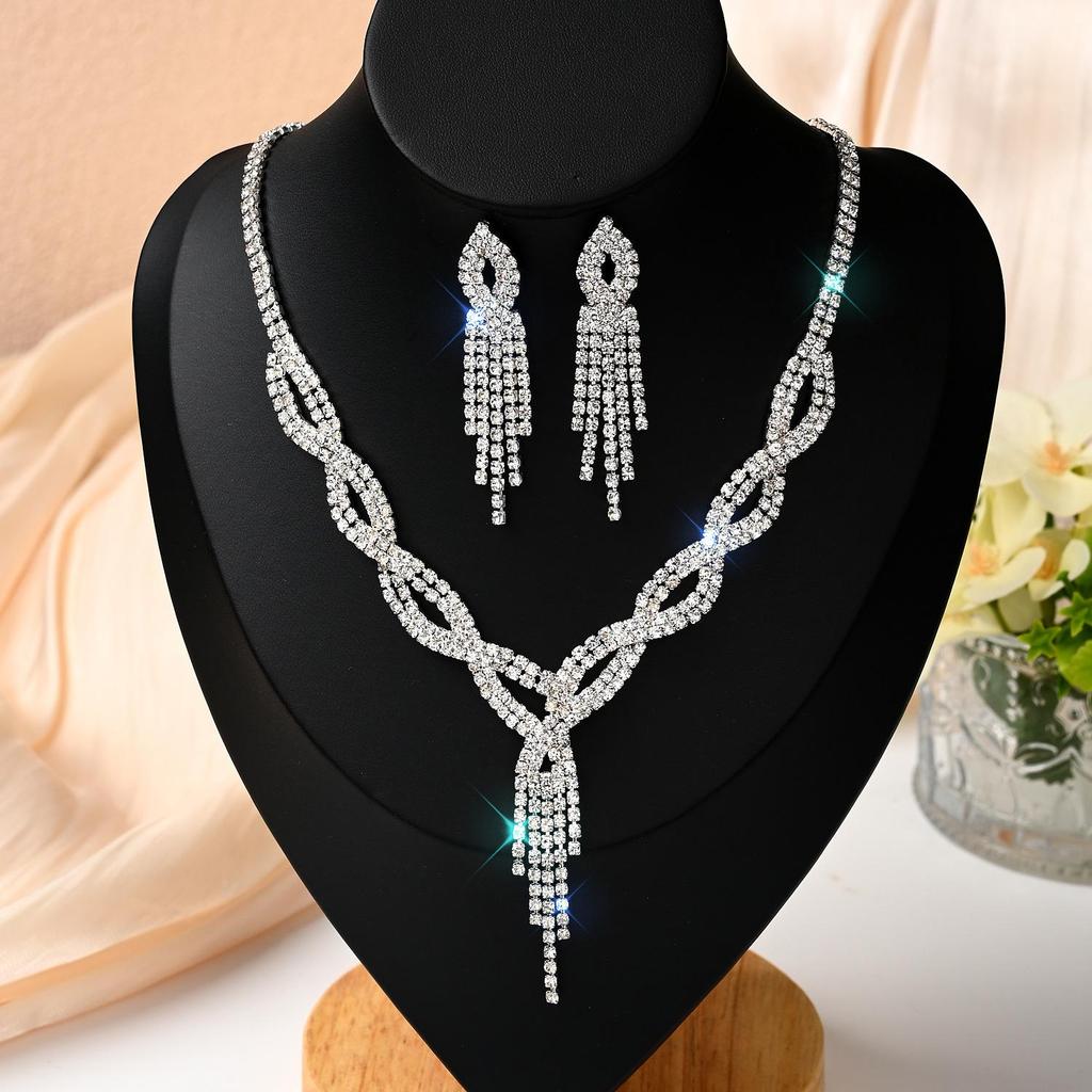 Funkelndes Strass- & Zirkon-Braut-Halsketten- und Ohrring-Set - Elegante Hochzeitsaccessoires