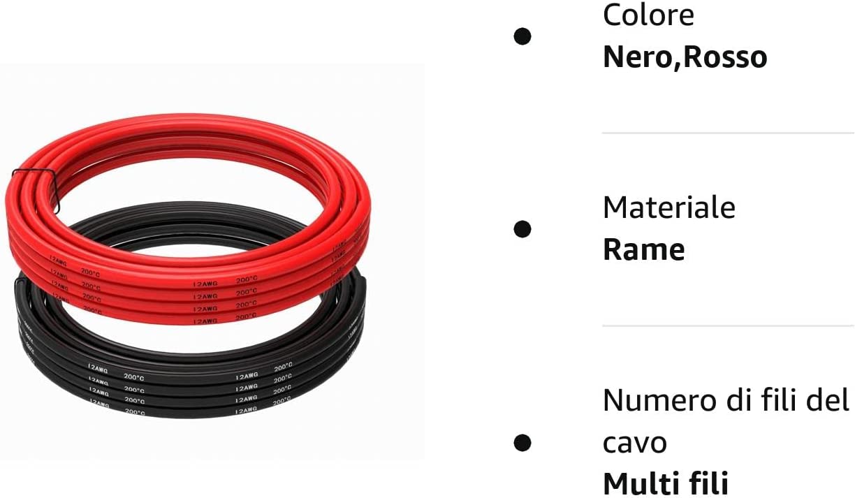 Cavo in Silicone 12 AWG – 2,5 m Rosso + 2,5 m Nero | Flessibile, Resistente alle Alte Temperature | Ideale per Progetti Elettronici, Connettori Ankewa