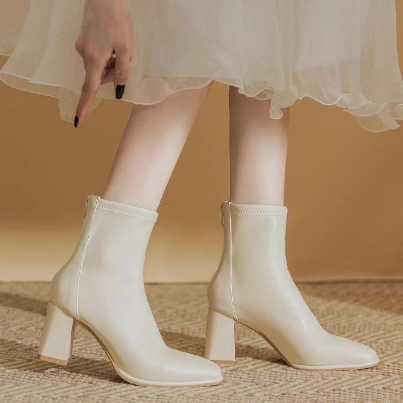 Fashion 2024 Women's Winter New Fashion Round Head Solid Color Leather Surface Simple Rear Zipper Comfortable Warm Bare Boots for Women