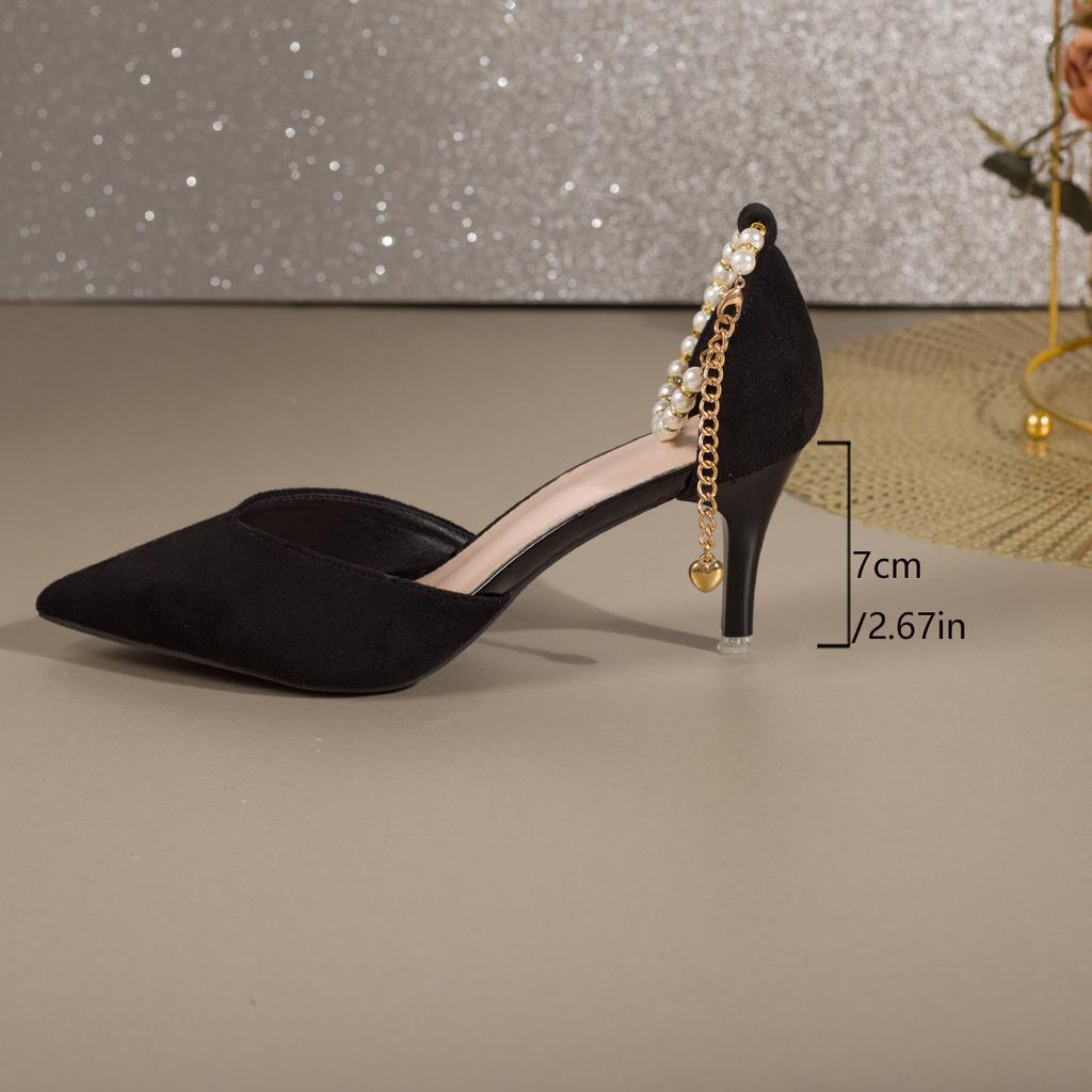 Black pearl stiletto high heels women's etiquette with skirt suede versatile light mouth single shoes women's sexy one-word buckle