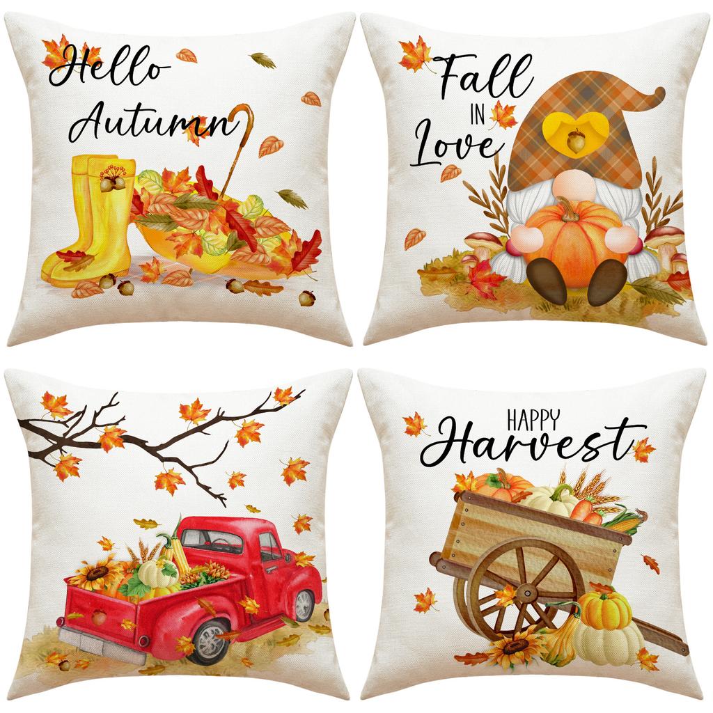 Thanksgiving Pillow Covers,Pumpkin & Autumn Leaf Design, Soft Flannel Sofa Cushion Covers for Home Decor,45x45cm, No Pillow Insert